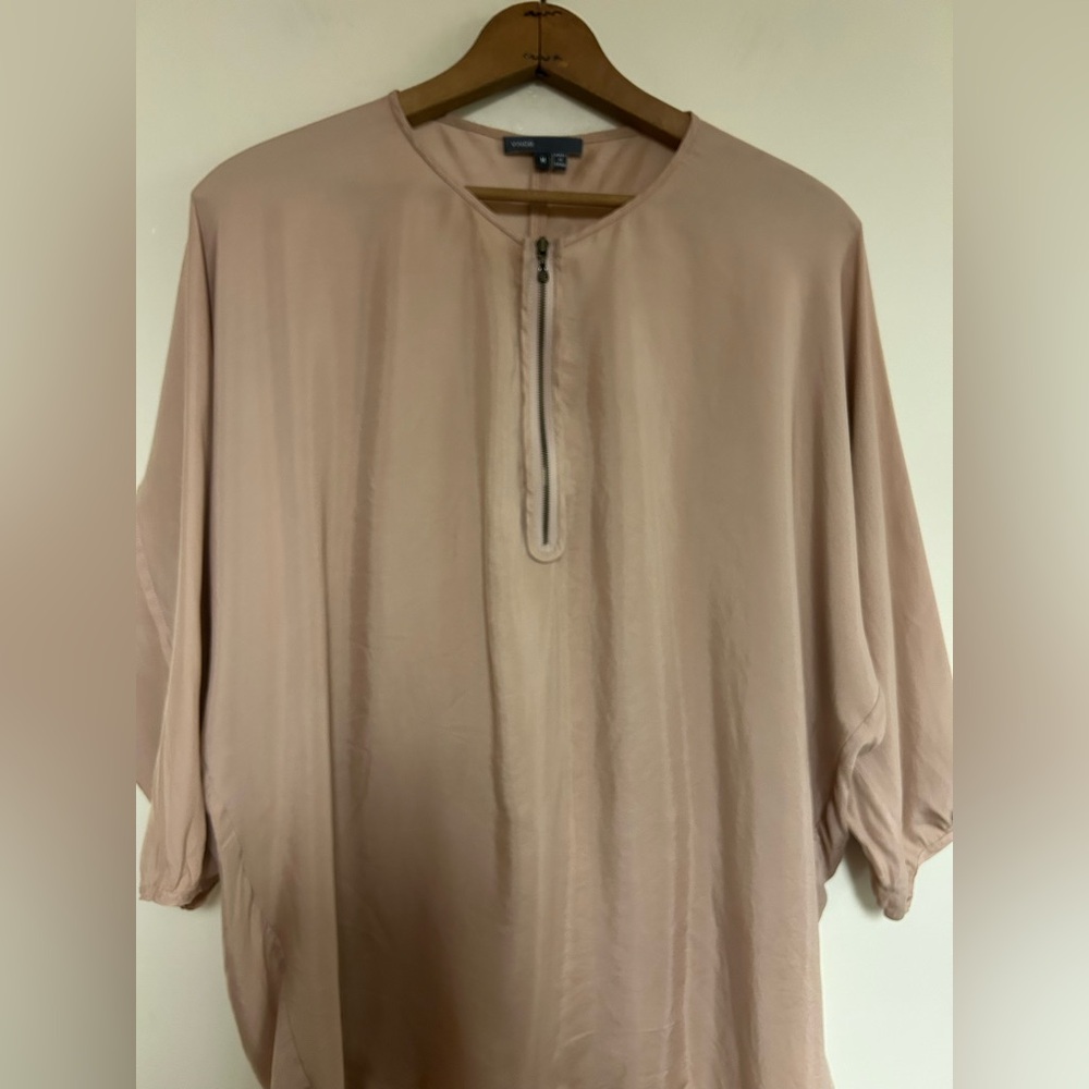 Vince Silk Rose Blush Zip-front Blouse Top Size M